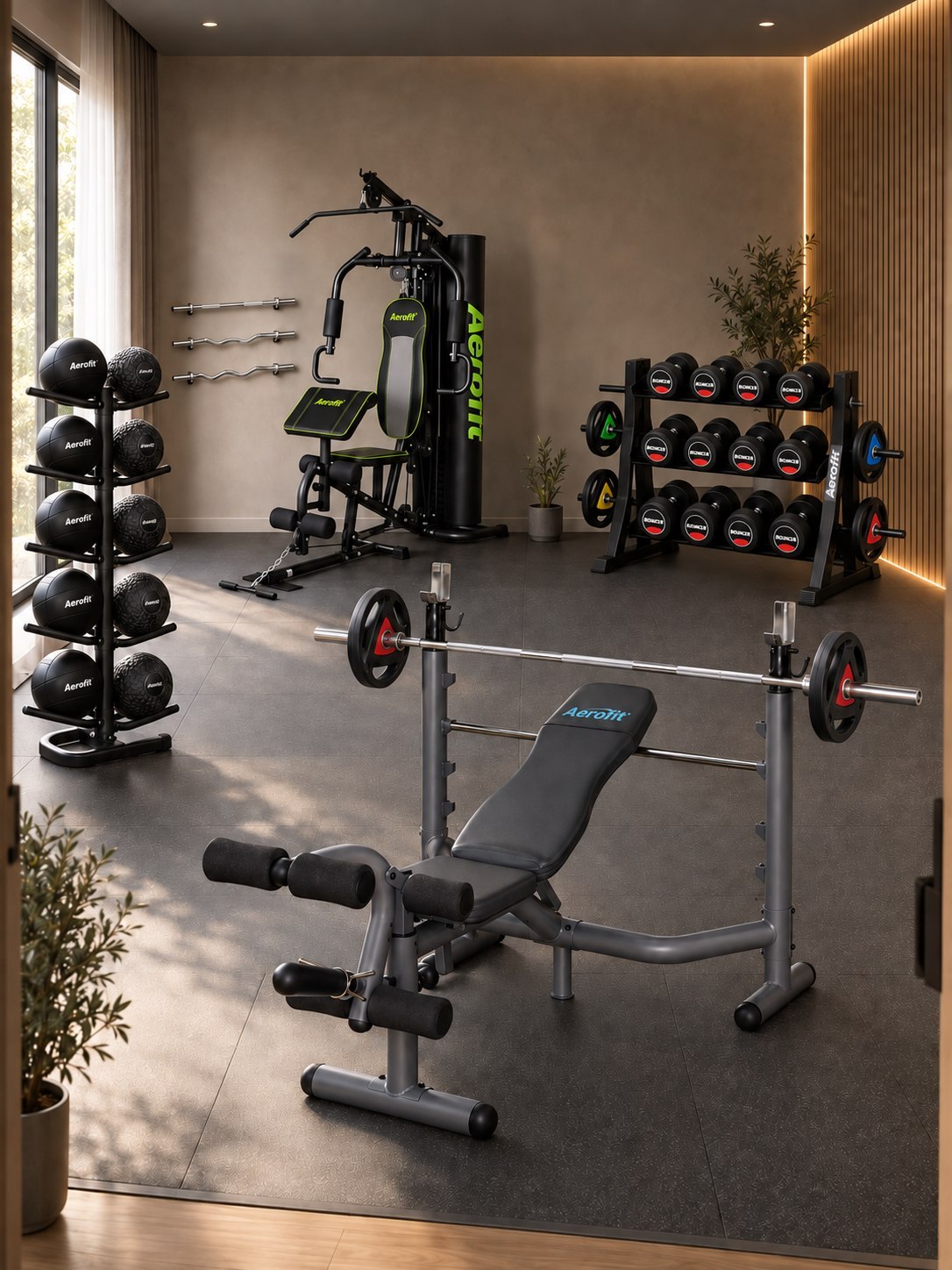 Illustrative Elite Strength Pack room with home gym, bench, free weights and ball storage